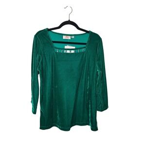 Quacker Factory‎ Emerald Green Velvet Rhinestone Square Neck Long Sleeve Top